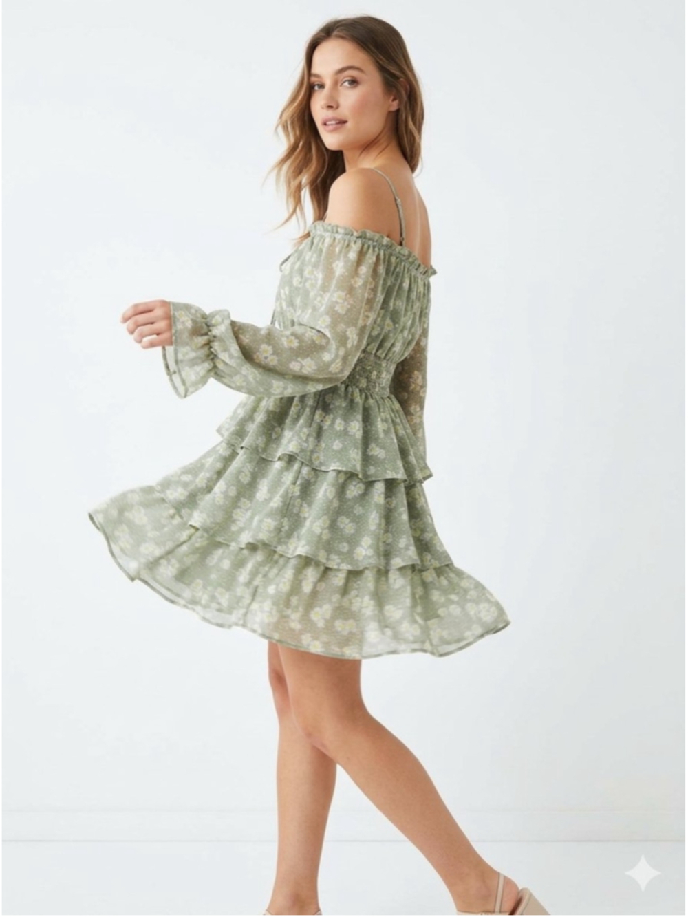 Daisy Print Sage Green Tiered Ruffle Mini Off-Shoulder Mini Dress 214 party chic